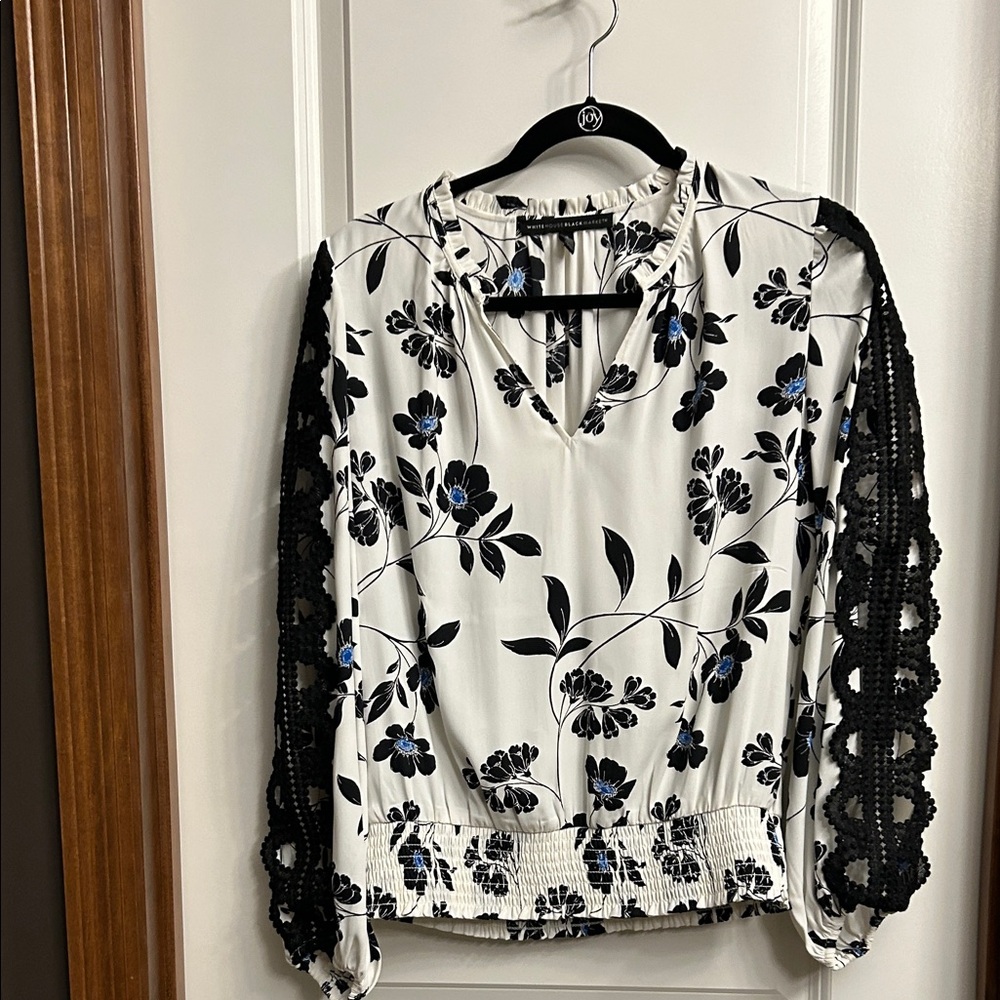 White House Black Market Floral Blouse with Black Lace Sleeves